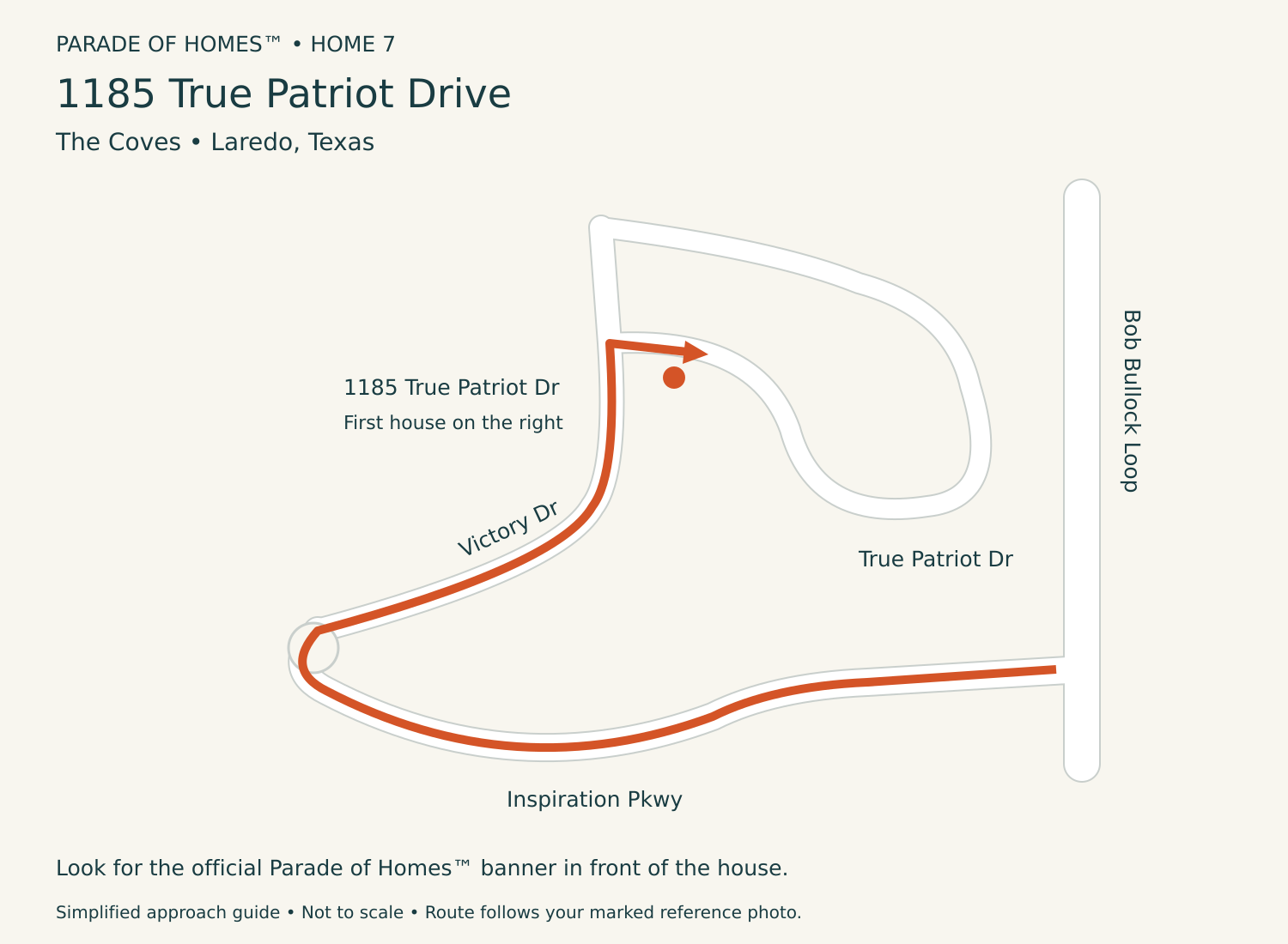 Approach from Bob Bullock Loop via Inspiration Parkway and Victory Drive to 1185 True Patriot Drive